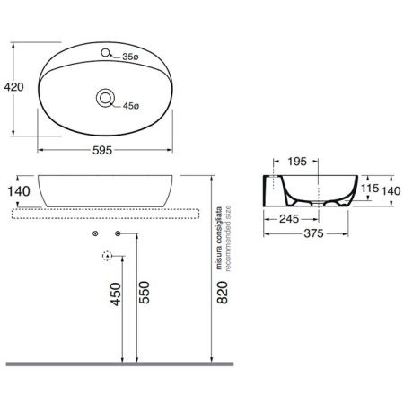 AZZURRA ELEGANCE CIRCLE раковина накладная 60х42см с 1 отв. под смеситель , цвет CENERE