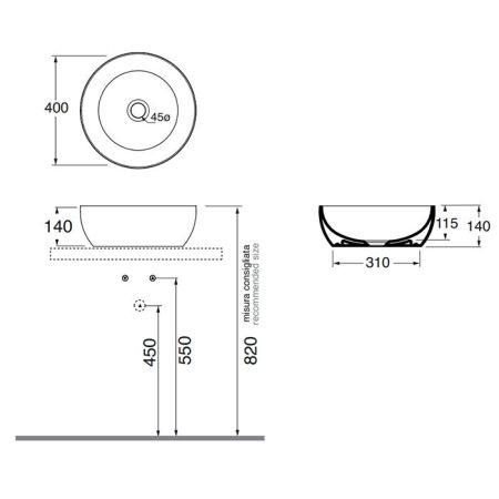AZZURRA COMODA  раковина чаша 40х40х14 см без отв. под смеситель , цвет carbone