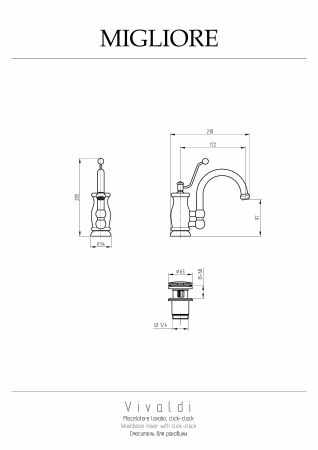 VIVALDI Смеситель для раковины моноком., донный клапан "click-clack" с переливом, золото, артикул 19546
