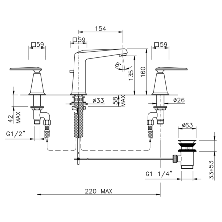 Nicolazzi Vincent Смеситель для раковины на 3 отверстия, излив: 154мм, цвет: хром, артикул 1008CR28