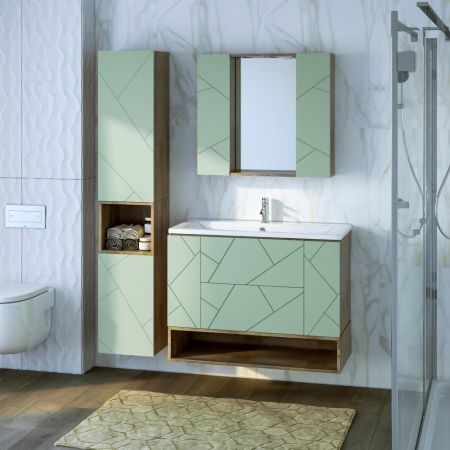 Тумба с раковиной и нишей Бриклаер КРИСТАЛЛ 100F, фисташковый/дуб гранж песочный, артикул КРИСТАЛЛ 100F