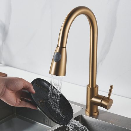 Смеситель для кухни с выдвижным изливом Raffine F213G, золотой сатин, артикул F213G