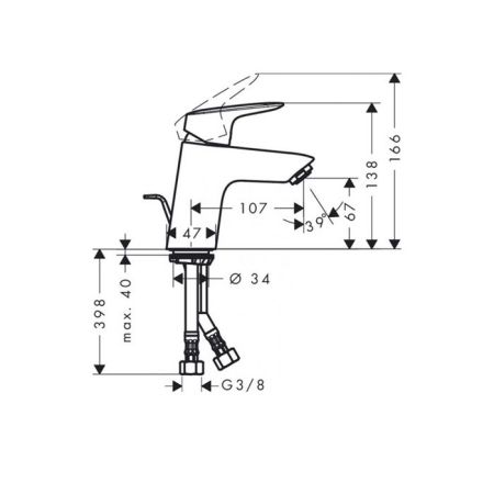 Смеситель для раковины, Hansgrohe, Logis, тип открывания воды-однорычажный, тип регулирования воды-керамический картридж, монтаж-на раковину/столешницу, отверстия для монтажа-1, высота, мм-138, вынос излива, мм-107, тип излива-неподвижный, донный клапан-е, артикул 71070670