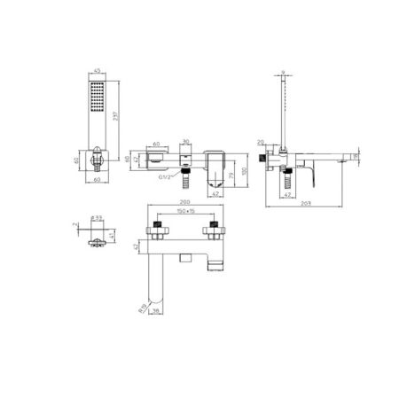 BOSSINI GILLO Комплект наружный для ванной GILLO, лейка Flat-one, Душевой держатель фиксированный из латуни, шланг из латуни 125 см.., цвет хром, артикул Z00727.030