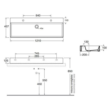 AZZURRA ELEGANCE Squared  Раковина подвесная/накладная 122х45см c 2отв. под 2 смесителя , цвет белый