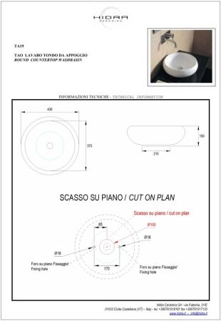 Hidra Tao, накладная круглая раковина Ø43х15h см, цвет белый глянцевый, артикул TA19/001