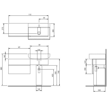 AZZURRA Charlotte База напольная под раковину 110х37х74 см, раковина справа, ящик слева  в цвете Cemento, цвет базы дуб, артикул MBCH110RC