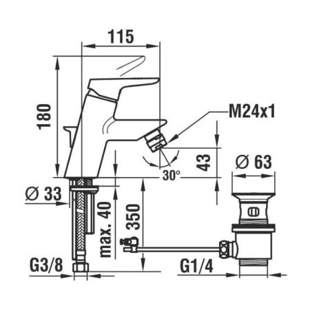 Смеситель для биде, Laufen, Twin Pro, тип открывания воды-однорычажный, тип регулирования воды-керамический картридж, отверстия для монтажа-1, высота, мм-180, вынос излива, мм-115, донный клапан-есть, тип подводки-гибкая, стандарт подвода воды-3/8", цвет-, артикул 3.4150.1.004.111.1