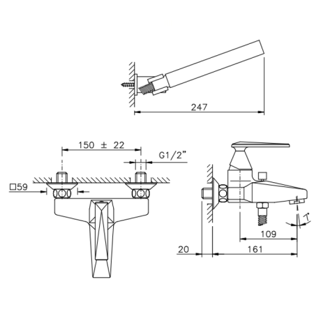 Nicolazz Vincent Смеситель для ванны на 2 отверстия, настенный, с душевой лейкой, цвет: хром, артикул 3001CR35