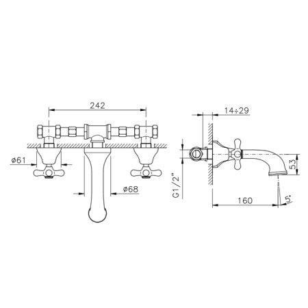 Nicolazzi Nuova Brenta Смеситель для раковины с 2мя ручками, настенный, излив: 160мм, цвет: бронза, артикул 2577BZ