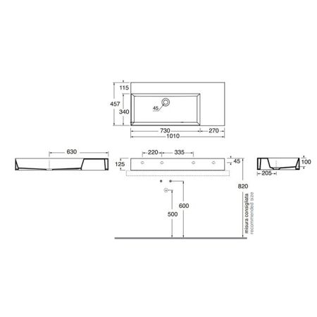 AZZURRA ELEGANCE Squared Раковина подвесная/накладная  102х46х12.5см без отв. под смеситель , цвет белый