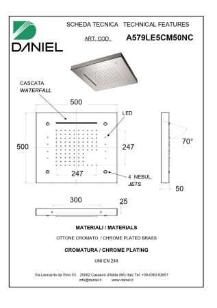 Daniel, потолочная лейка для душа (3х режимная) с 7 цветной светодиодной подсветкой, диаметр 500 мм, цвет хром, артикул A579LE5CM50NC