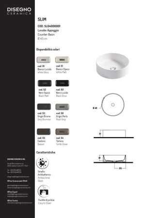 Disegno ceramica Slim, накладная круглая раковина 40хh12 см, цвет белый глянцевый, артикул SL04000001