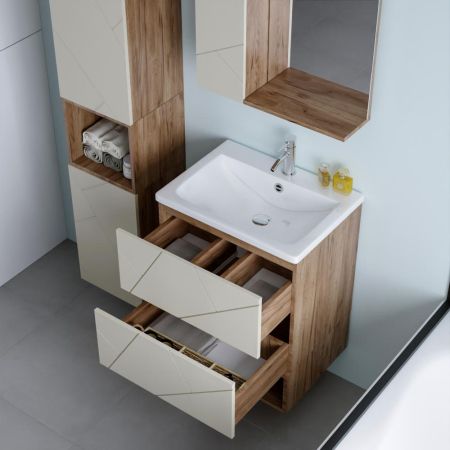 Комплект мебели для ванной Бриклаер КРИСТАЛЛ 60ZSL, латте/дуб крафт табачный, артикул КРИСТАЛЛ 60ZSL