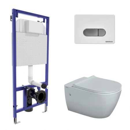 Комплект BERGES: инсталляция NOVUM, кнопка D7, унитаз MASCON  Rimless, сидение дюропласт Toma Slim SO, артикул 043214