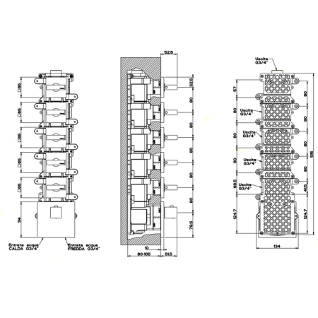 Gessi Rettangolo Встраиваемый термостат, подключение на 3/4”, с 5ю независимыми выходами(внешние части), цвет: хром, артикул 43220#031