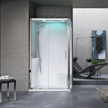 NOVELLINI EON 2P Душ.кабина 1200х800х2210 мм, левая, термост, гидромассаж, верхний душ, подсв, стенки белые глянцев, фурн хром, стекло прозр