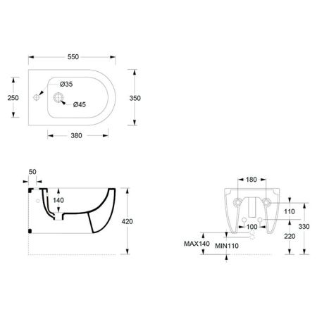 Биде, Alice, Unica, тип установки-подвесной, ширина, мм-350, глубина, мм-550, высота, мм-285, форма чаши-овальная, отверстия для смесителя-1, материал-керамика, вид грязеотталкивающего покрытия-Aliglaze+, крепления в комплекте, без сливного механизма, цве
