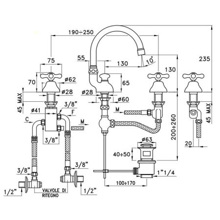 Stella Roma Смеситель для раковины на 3 отверстия 3225TC, с донным клапаном, цвет: хром, артикул RM 00016 CR00