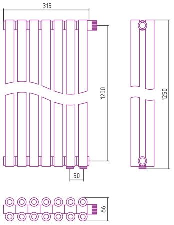 Отопительный радиатор ЭСТЕТ-00 н/ж EU50 1200х315 / 7 сек (Матовый ЧЁРНЫЙ), артикул 31-0322-1207