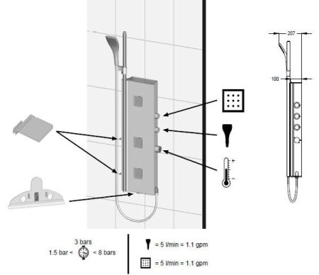 Душевая панель Jacob Delafon Water Tiles Tower E3871-185 Матовый алюминий