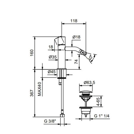 Смеситель для биде, Fantini, Nostromo, тип открывания воды-однорычажный, тип регулирования воды-керамический картридж, отверстия для монтажа-1, высота, мм-160, вынос излива, мм-118, донный клапан-есть, тип подводки-гибкая, стандарт подвода воды-3/8", цвет, артикул 50 13 G908F