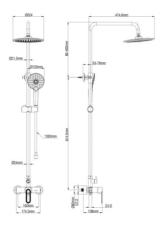 Душевая система WONZON & WOGHAND, Черный матовый (WW-B2166-A-MB), артикул WW-B2166-A-MB