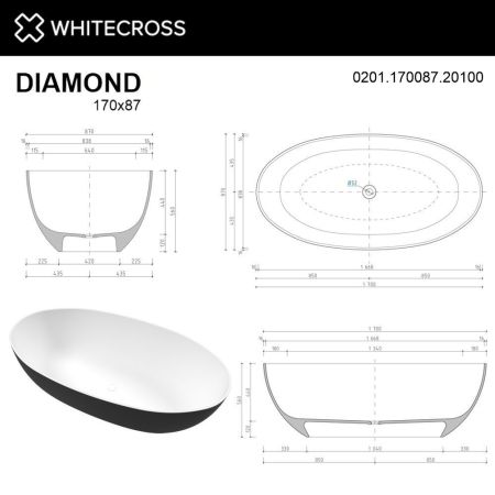 Ванна WHITECROSS Diamond 170x87 (черный/белый мат) иск. камень, артикул 0201.170087.20100