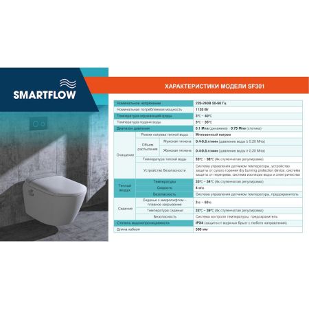 Умный унитаз SMARTFLOW безободковый с микролифтом SMF3017T-WH, белый, артикул SMF3017T-WH