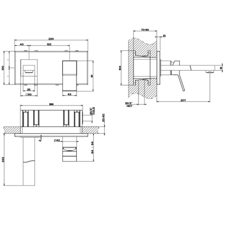 Gessi Rettangolo K Встраиваемый однорычажный смеситель для раковины, излив 201мм(внешние части), цвет: хром, артикул 53088#031