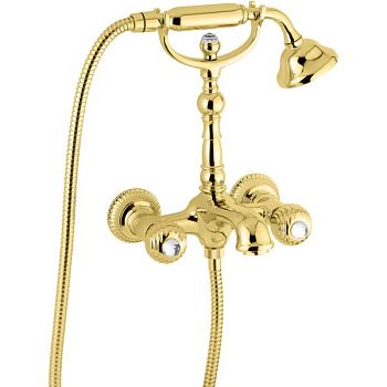 Emmevi The One Cloe, смеситель с ручным душем для ванны. Металлические ручки + прозрачные кристаллы, цвет золото