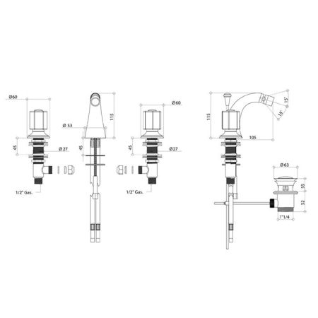 Bongio Fleur Blanc Смеситель для биде 3 отв., цвет золото/белый фарфор, артикул 11503OR00