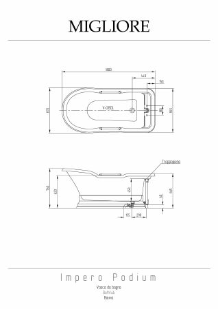 IMPERO PODIUM Ванна 180x87хH76 см. бел, подиум бел, слив/перелив золото, артикул 25510