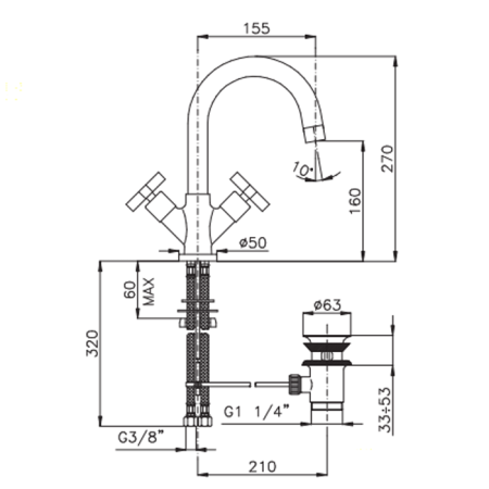 Nicolazzi M.Croce Смеситель для раковины с 2мя ручками, излив: 155мм, цвет: хром, артикул 2236CR27