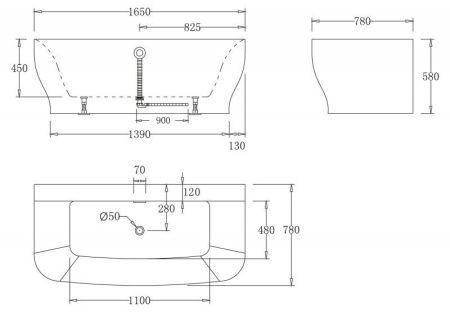 Акриловая ванна без перелива BELBAGNO BB74-NERO-W0, 1650x780x590
