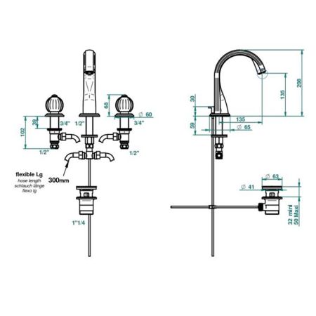 THG MANDARINE METAL Смеситель для раковины на 3 отверстия, с донным клапаном, цвет хром, артикул U1A-A02-151