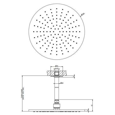 GESSI INCISO Потолочная душевая головка шарнирная на 1/2'', Ø300мм, длина изготавливается под заказ (от 105 до 1855 мм), цвет: хром, артикул 58250#031