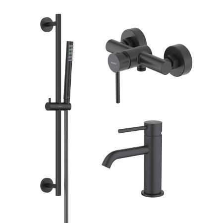 AQ1310MB ЕВРОПА смеситель для раковины 89, без донного клапана, матовый черный + AQ1360MB ЕВРОПА смеситель для душа, матовый черный + AQ2012MB ЕВРОПА душевой гарнитур 1jet 65 см, матовый черный, артикул AQ1331MB