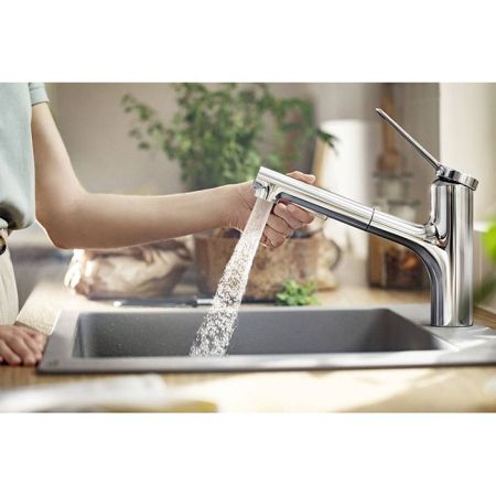 Смеситель для кухни, Hansgrohe, Zesis M33, тип открывания воды-однорычажный, тип регулирования воды-керамический картридж, монтаж-на раковину/столешницу, отверстия для монтажа-1, высота, мм-214, вынос излива, мм-219, тип излива-выдвижной, поворотный 150°,, артикул 74800000