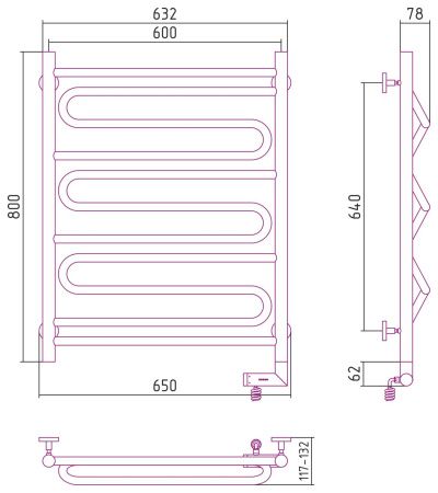 Полотенцесушитель электрический "ЭЛЕГИЯ 2.0" 800х600 / МЭМ правый (Без покрытия)