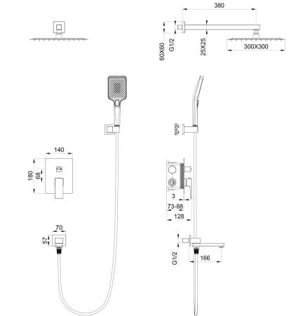 Душевая система встраиваемая WONZON & WOGHAND CUBE 2.0, Темный графит (WW-88939068-BGM), артикул WW-88939068-BGM