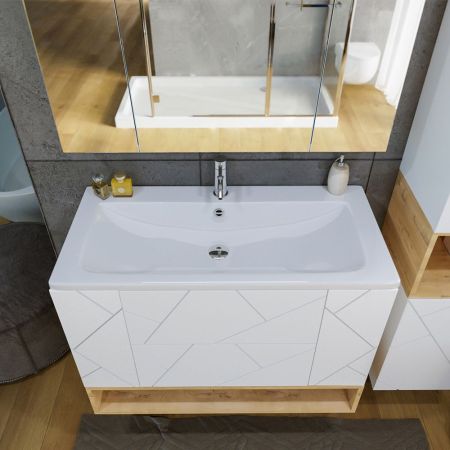 Тумба с раковиной и нишей Бриклаер КРИСТАЛЛ 100B, белый/дуб бунратти, артикул КРИСТАЛЛ 100B