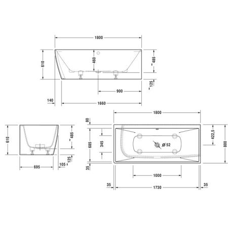 Duravit Vitrium Ванна прямоугольная  правый угол  1800x800мм, с ножками, с2 наклонами для спины, цвет матовая корица, артикул 700428HC
