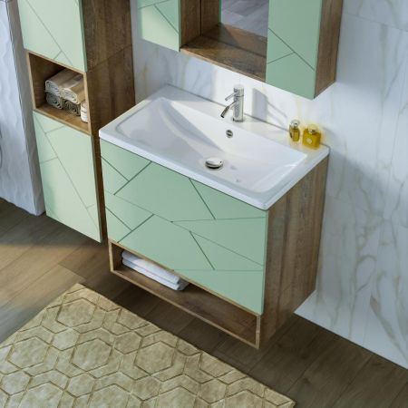 Тумба с раковиной и нишей Бриклаер КРИСТАЛЛ 80F, фисташковый/дуб гранж песочный, артикул КРИСТАЛЛ 80F