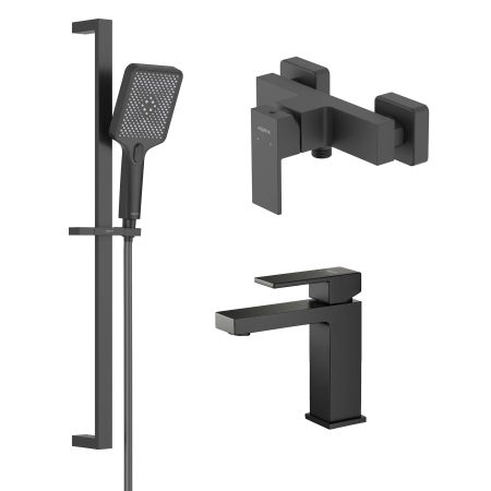 AQ1610MB ЛИБРА смеситель для раковины 114, без донного клапана, матовый черный + AQ1660MB ЛИБРА смеситель для душа, матовый черный + AQ2019MB ЛИБРА душевой гарнитур 3jet 68 см, матовый черный, артикул AQ1631MB