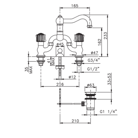 Nicolazzi Onice Смеситель для раковины на 2 отвертсвия с донным клапаном, цвет: хром, артикул 2119CR09O