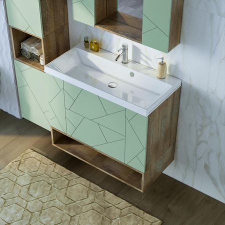 Тумба с раковиной и нишей Бриклаер КРИСТАЛЛ 90F, фисташковый/дуб гранж песочный, артикул КРИСТАЛЛ 90F