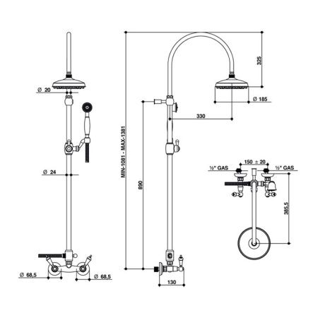 Bongio Capri Душевая стойка с верхним и ручным душем, цвет золото