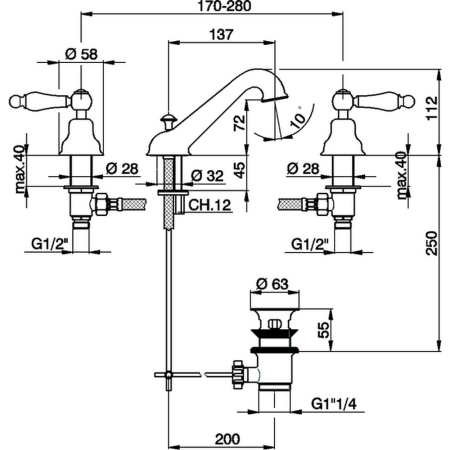 CISAL Arcana Toscana Смеситель для раковины на 3 отверстия с донным клапаном, цвет хром