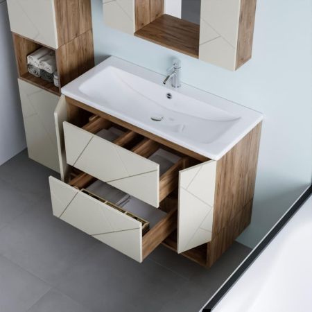 Тумба с раковиной и нишей Бриклаер КРИСТАЛЛ 100L, латте/дуб крафт табачный, артикул КРИСТАЛЛ 100L